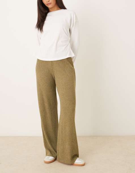 ASOS DESIGN Supersoft brushed rib wide leg trouser co-ord in dark olive - view 1
