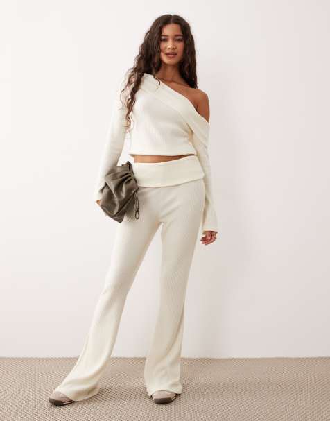 ASOS DESIGN Supersoft brushed rib wide leg trouser co-ord in white - WHITE - view 1