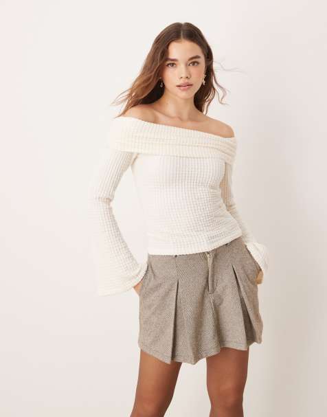ASOS DESIGN supersoft bubble bardot flute sleeve top in cream