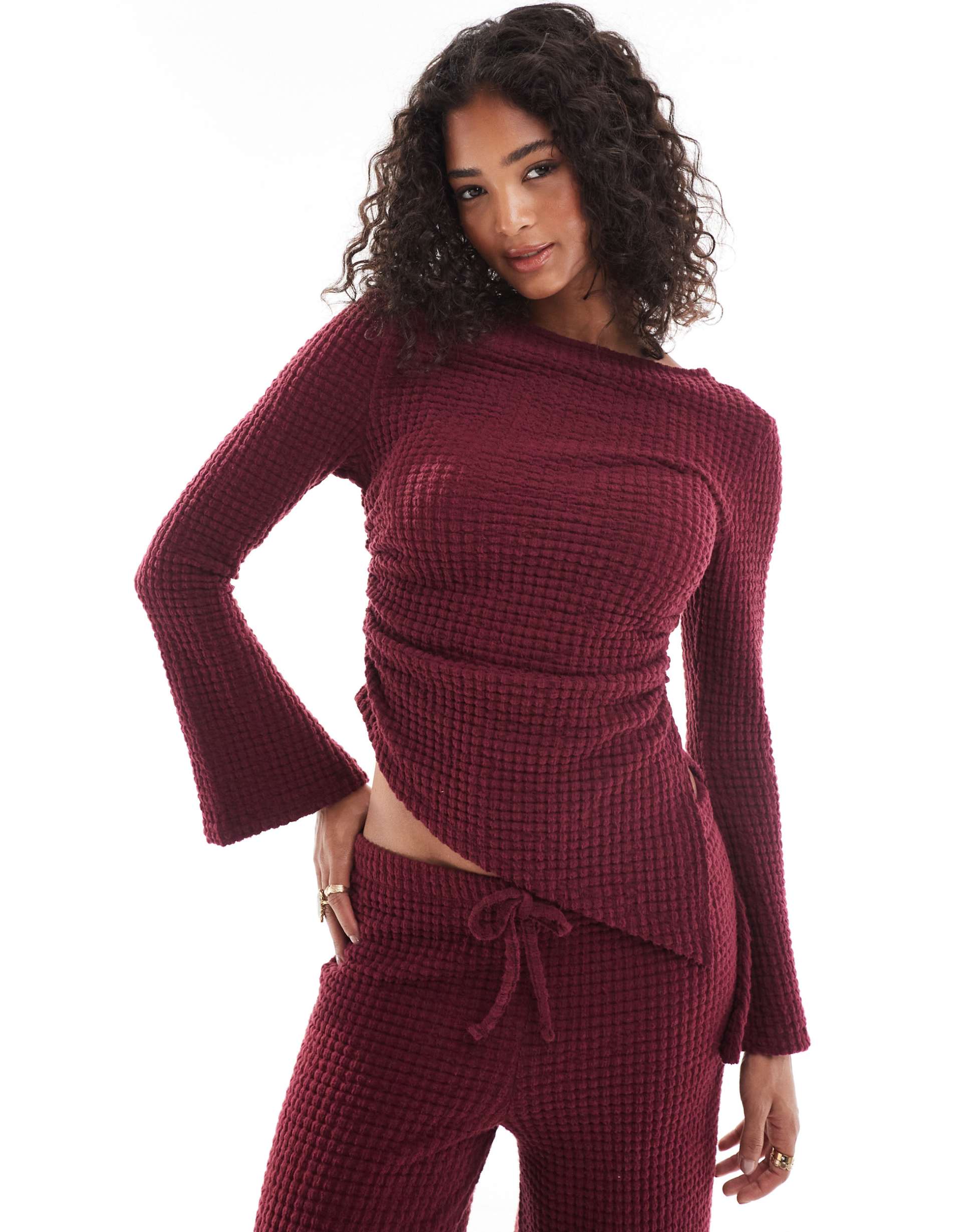 asos design supersoft bubble flute sleeve top with asymmetric hem in burgundy - part of a set