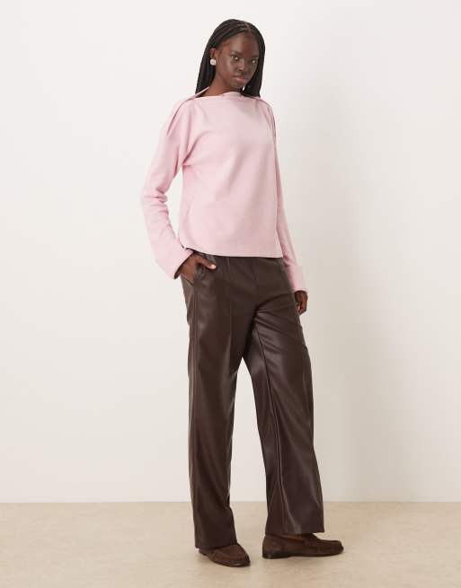 ASOS DESIGN Supersoft button detail boat neck long sleeve jumper in mauve, 3 of 4