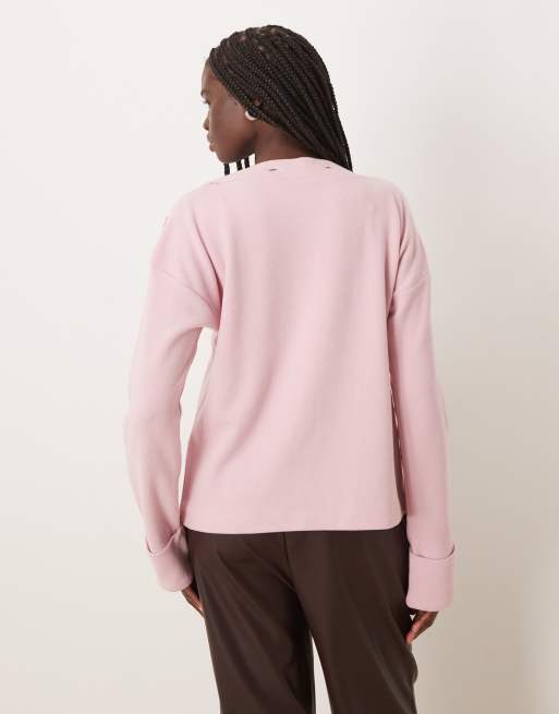 ASOS DESIGN Supersoft button detail boat neck long sleeve jumper in mauve, 4 of 4