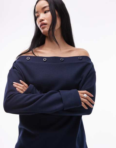 ASOS DESIGN Supersoft button detail boat neck long sleeve jumper in navy