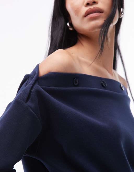 ASOS DESIGN Supersoft button detail boat neck long sleeve jumper in navy, 3 of 4