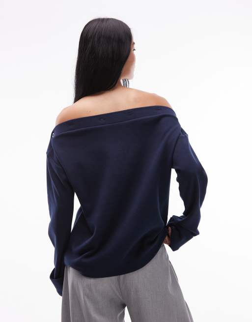 ASOS DESIGN Supersoft button detail boat neck long sleeve jumper in navy, 4 of 4