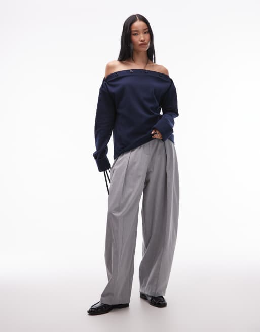 ASOS DESIGN supersoft button detailing boat neck long sleeve sweater in navy, 2 of 4