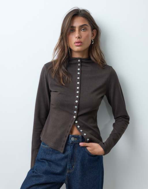 ASOS DESIGN supersoft button down top in brown, 3 of 5