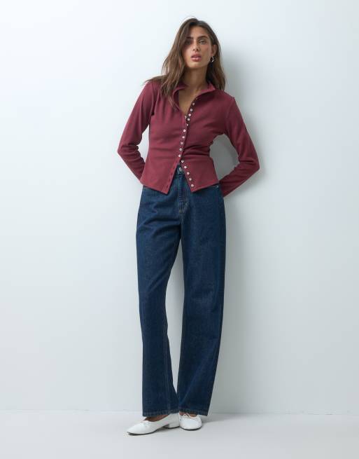 ASOS DESIGN supersoft button down top in burgundy, 2 of 5