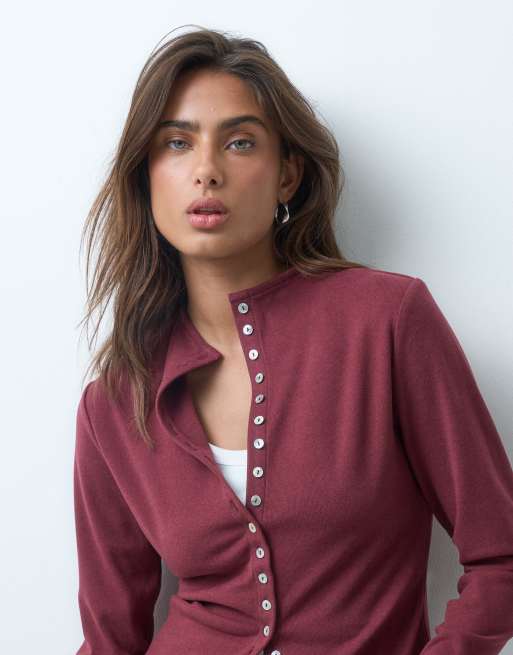 ASOS DESIGN supersoft button down top in burgundy, 3 of 5
