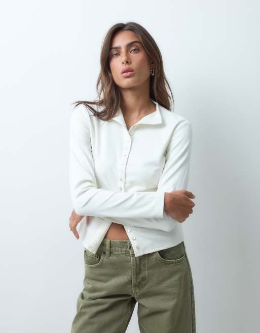 ASOS DESIGN supersoft button down top in cream, 3 of 5