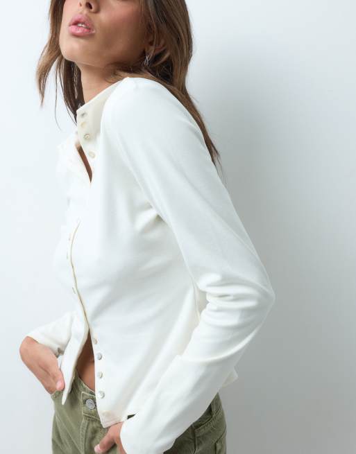 ASOS DESIGN supersoft button down top in cream, 4 of 5