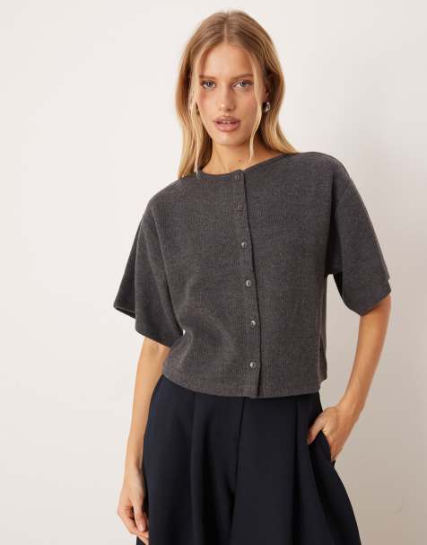 ASOS DESIGN supersoft button through boxy tee in charcoal