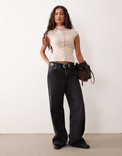 ASOS DESIGN supersoft button through high neck top in cream, 2 of 4