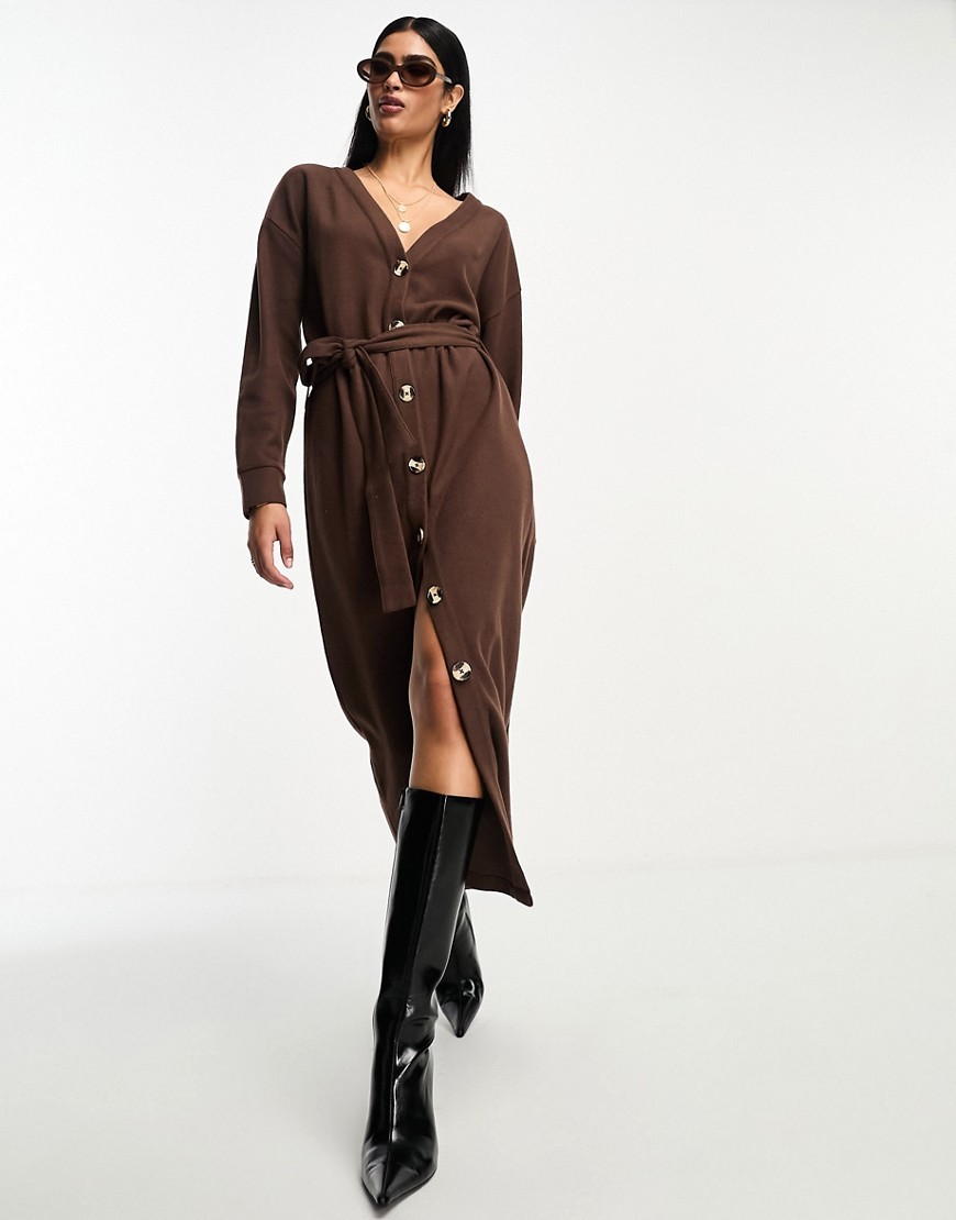 ASOS DESIGN supersoft button through maxi cardigan belted dress in chocolate-Brown