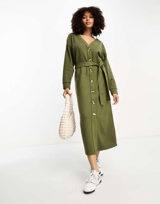 ASOS DESIGN supersoft button through maxi cardigan belted dress in khaki