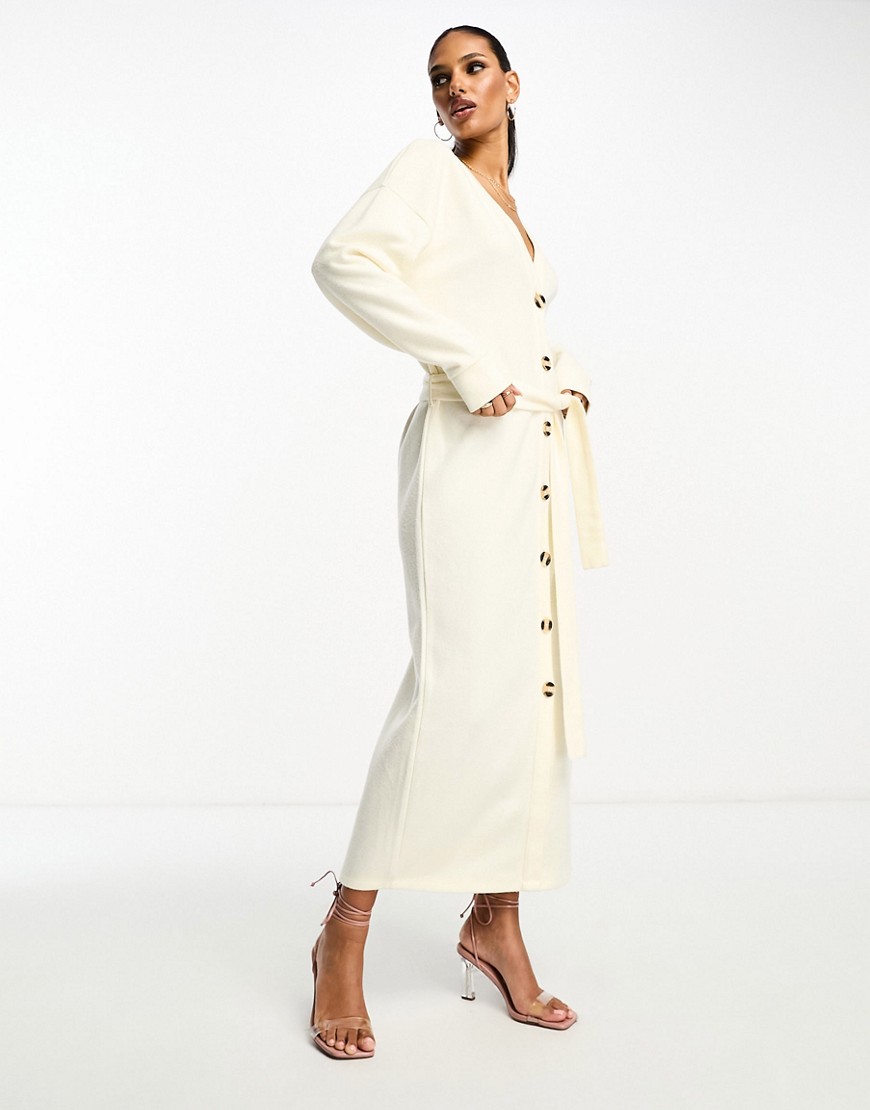 ASOS DESIGN supersoft button through maxi cardigan belted dress in winter white