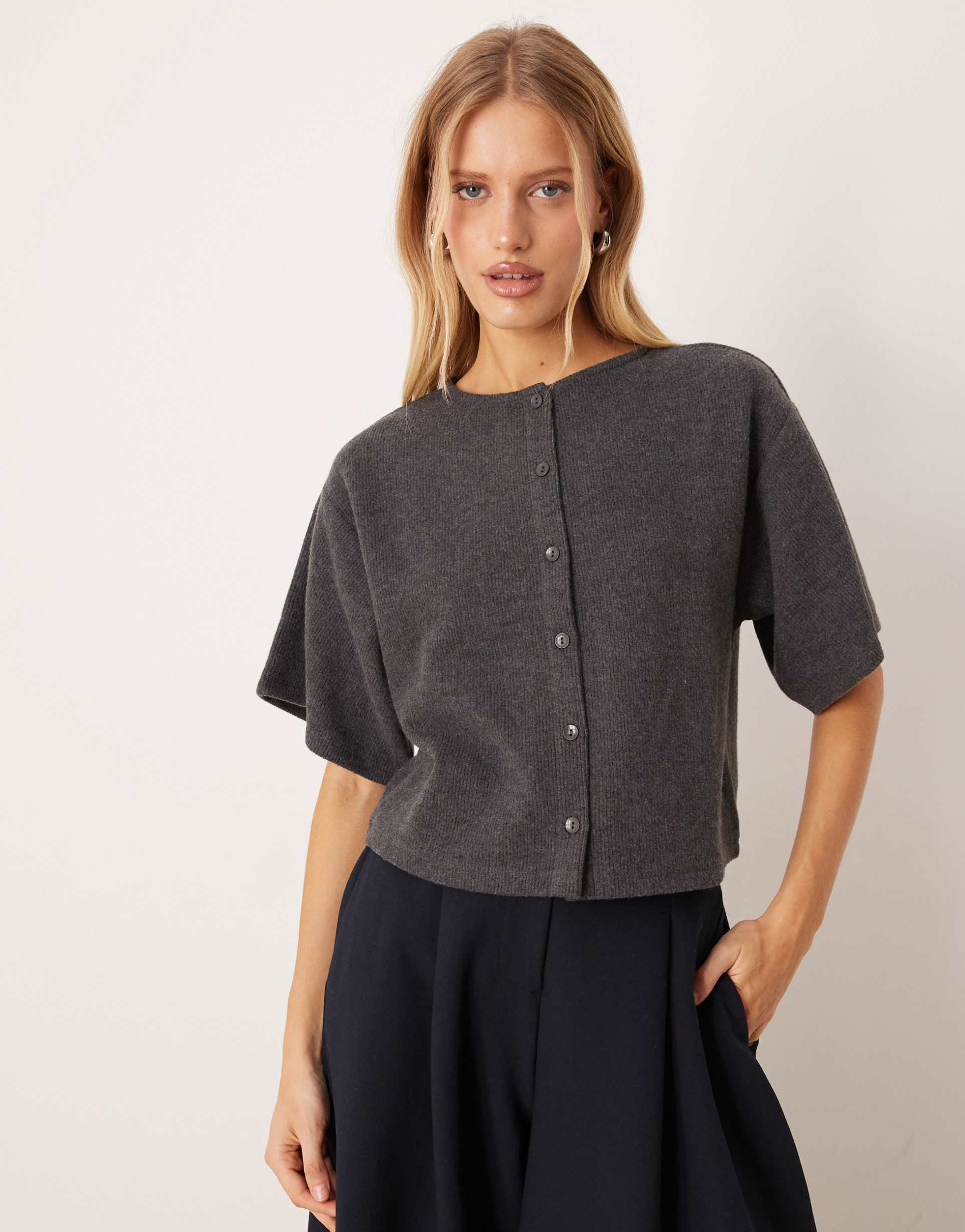 asos design supersoft button up boxy tee in charcoal