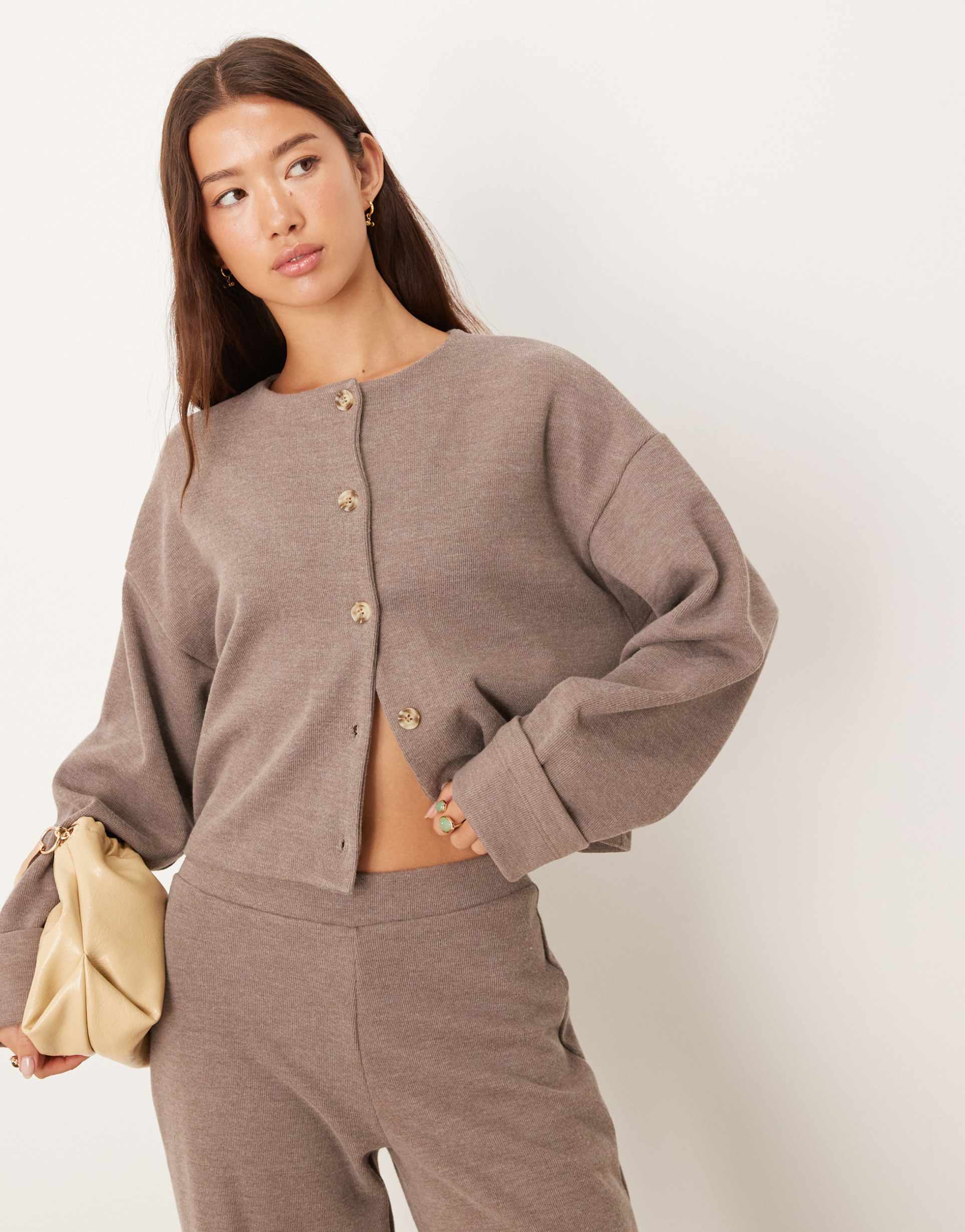 asos design supersoft button up cardigan in mocha - part of a set