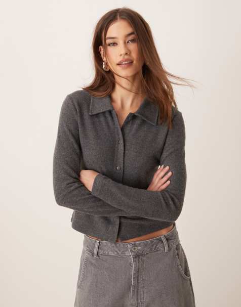 ASOS DESIGN supersoft button up cardigan with collar detail in grey - view 1