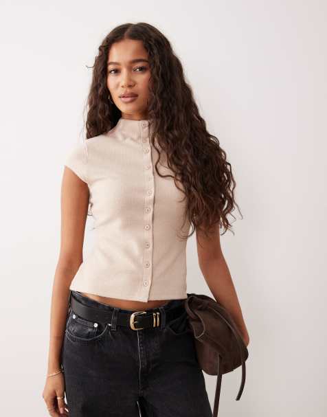 ASOS DESIGN supersoft button up high neck top in cream - view 1