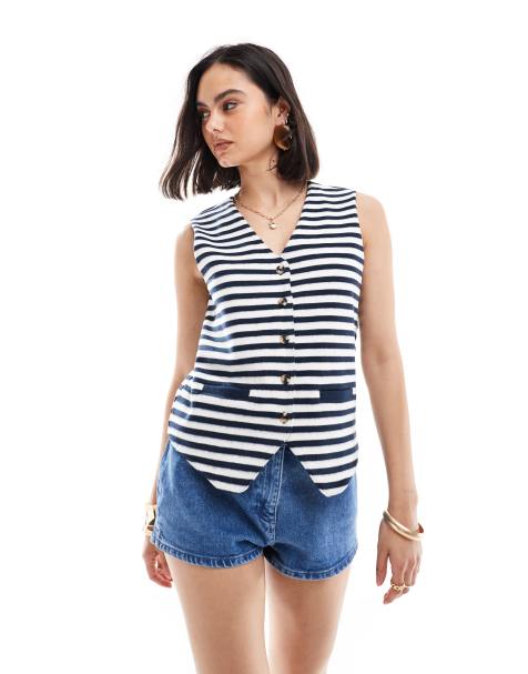 ASOS DESIGN supersoft button up jersey vest in navy and white stripe - view 1