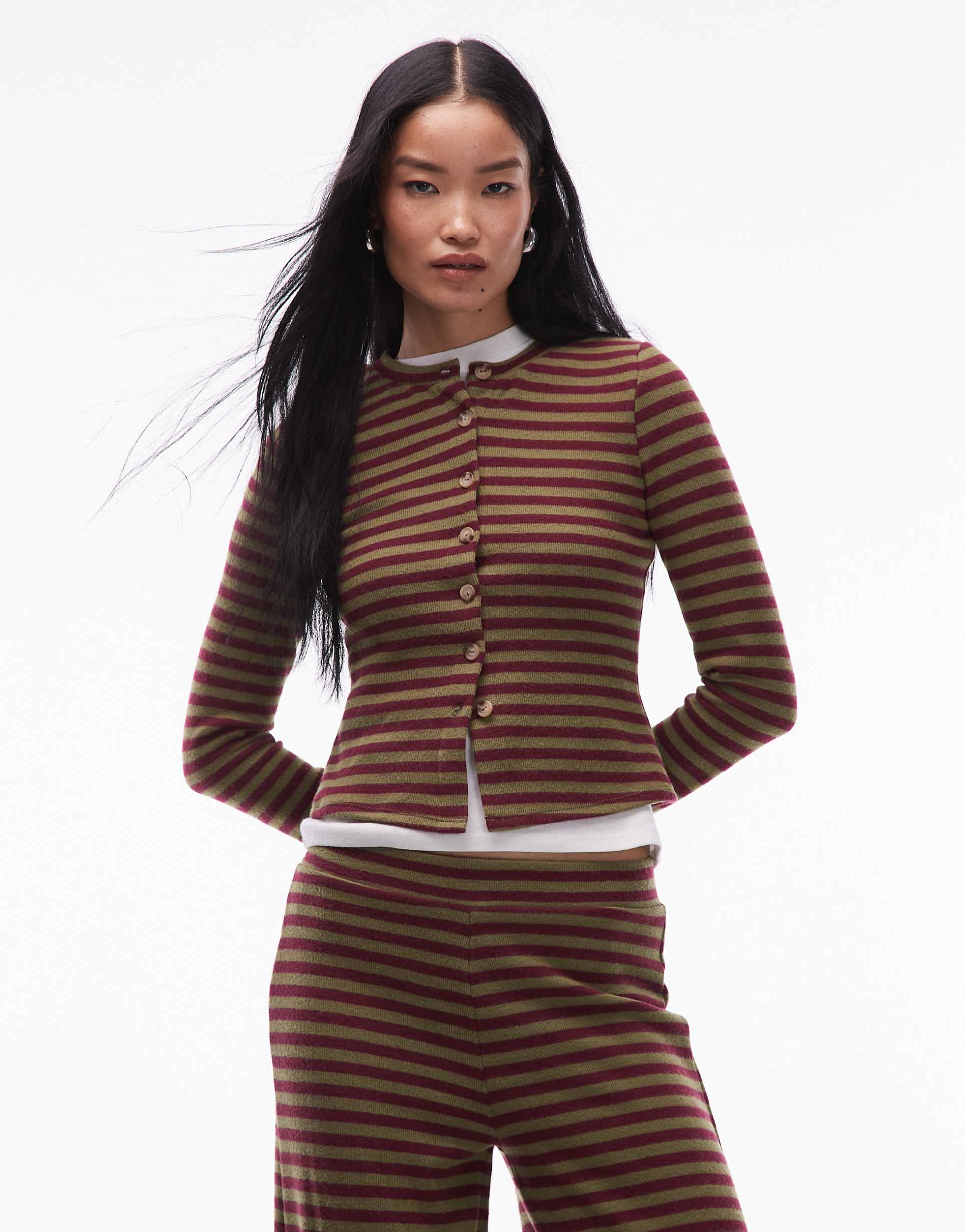 asos design supersoft button up long sleeve top in burgundy stripes - part of a set