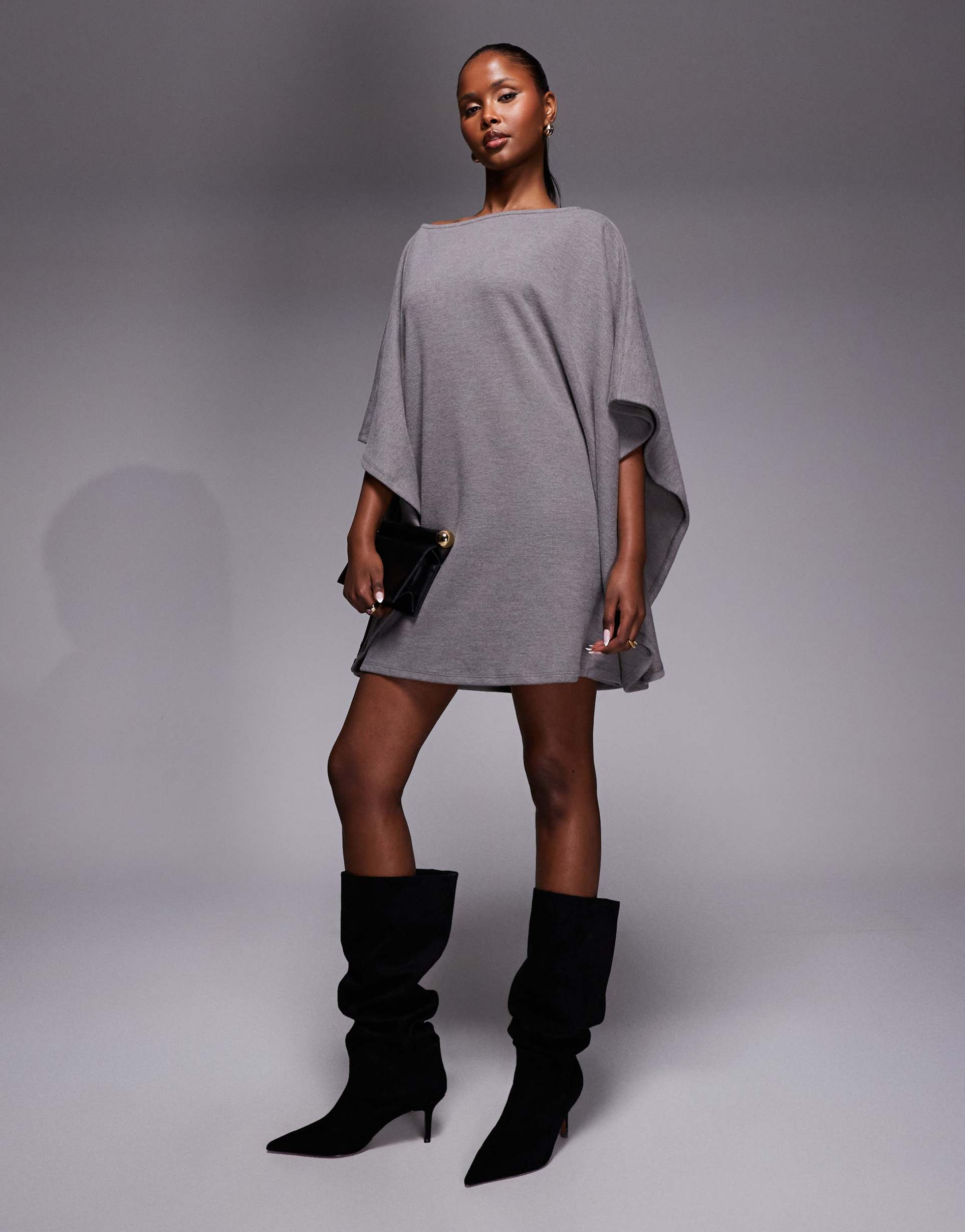 asos design supersoft cape mini dress in gray