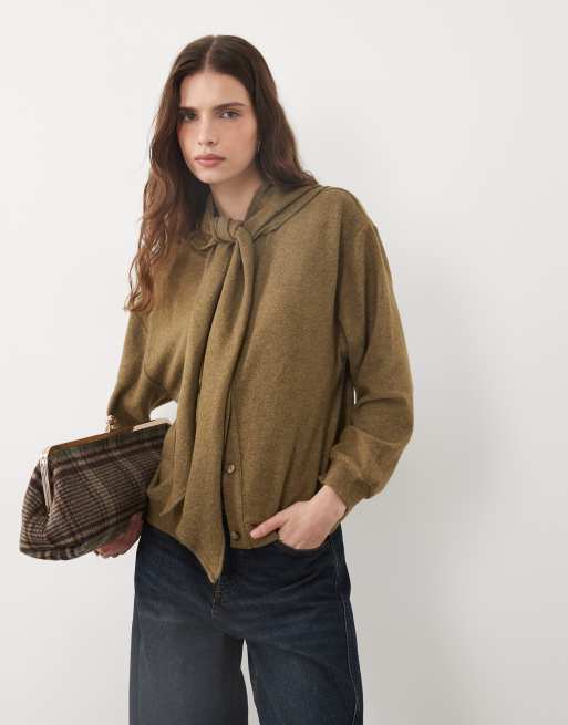 ASOS DESIGN supersoft cardigan with tie in olive, 2 of 4