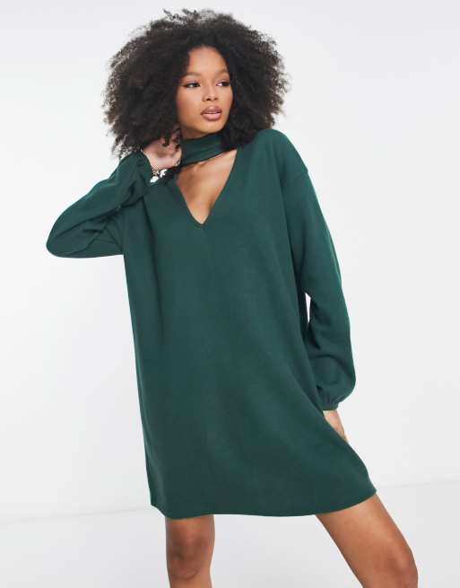 ASOS DESIGN Supersoft choker detail long sleeve mini jumper dress in green