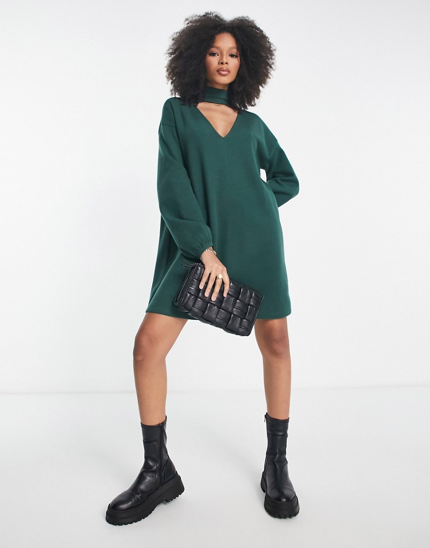 Asos Design Supersoft Choker Detail Long Sleeve Mini Sweater Dress In Green