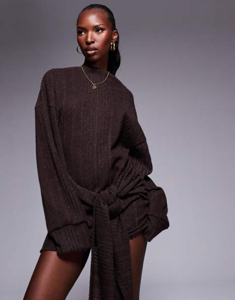 ASOS DESIGN supersoft chunky knit tie waist mini dress in chocolate - view 1