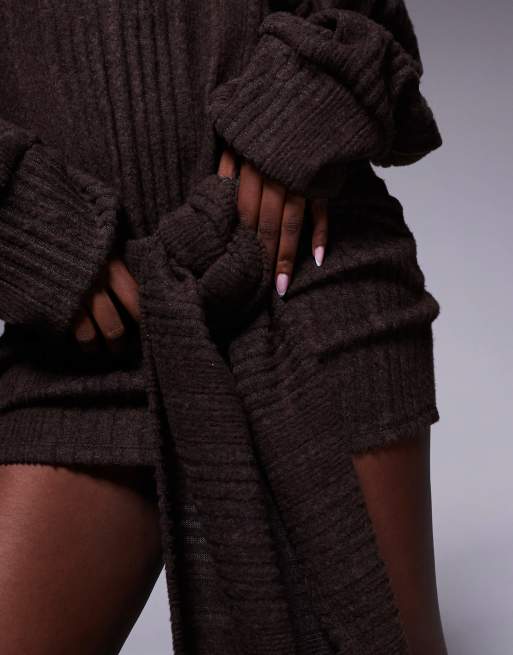 ASOS DESIGN supersoft chunky knit tie waist mini dress in chocolate, 3 of 4