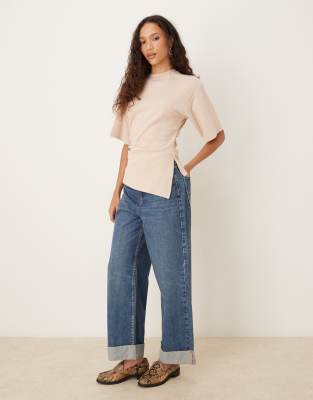 Asos Design Supersoft Cinched Asymmetric Hem Detailing Tee In Brown