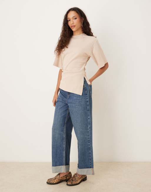 ASOS DESIGN supersoft cinched asymmetric hem detailing tee in oatmeal, 2 of 4