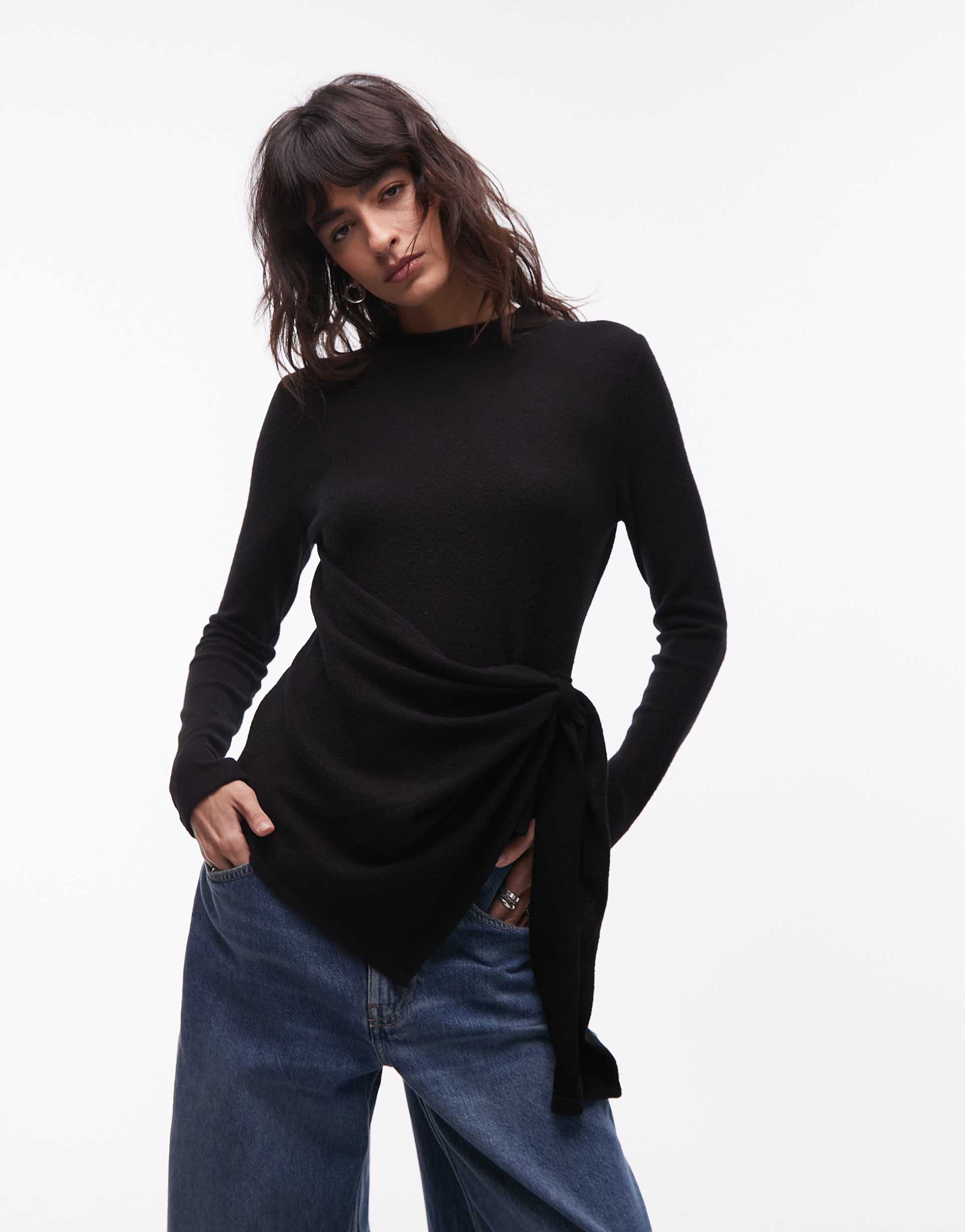 asos design supersoft cinched side top with draping detail in black