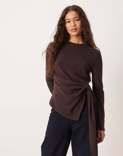 ASOS DESIGN supersoft cinched side top with draping detail in brown - view 1