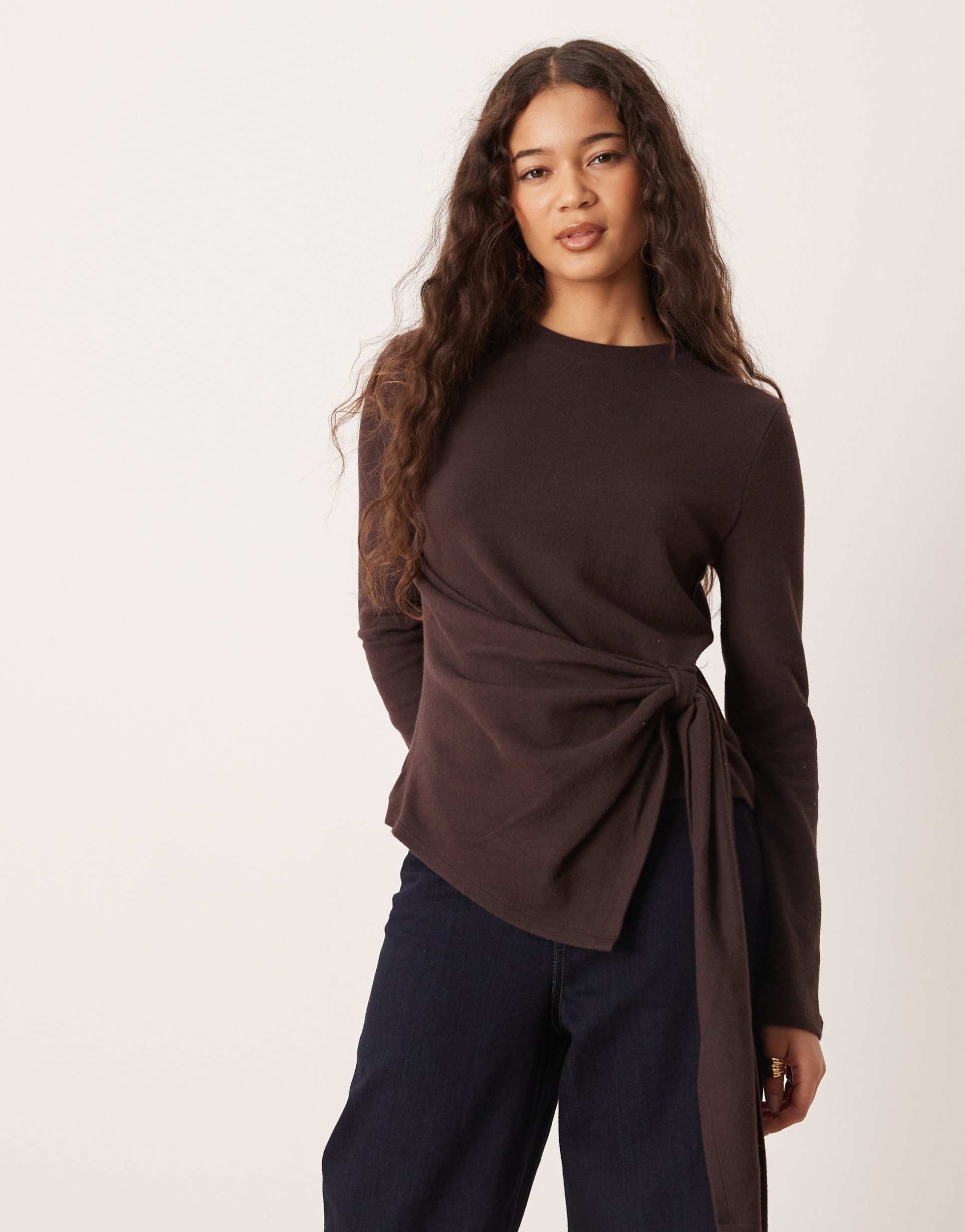 asos design supersoft cinched side top with draping detail in brown