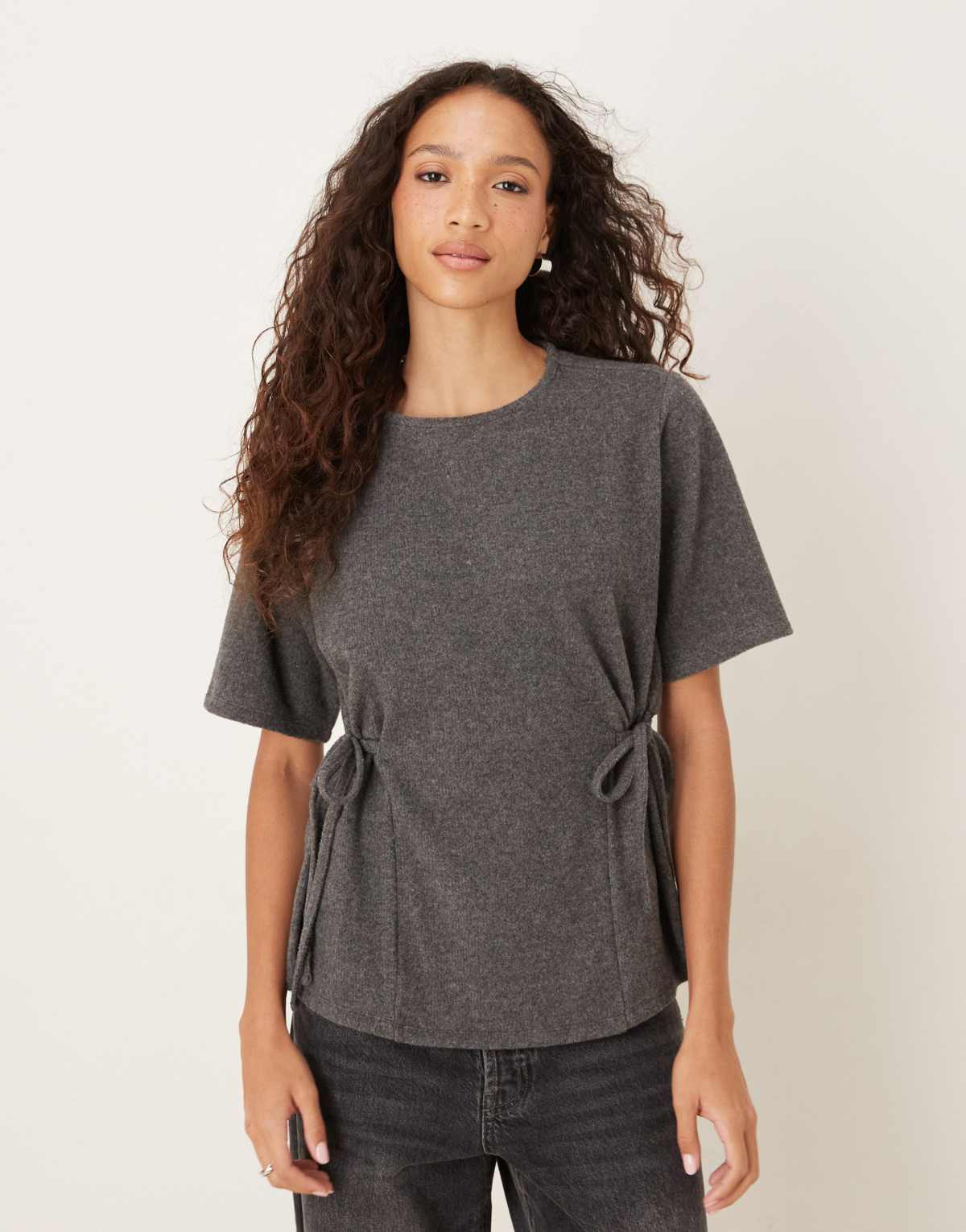 ASOS DESIGN supersoft cinched tie side tee in grey marl