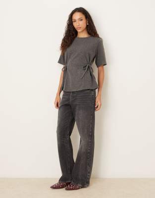 Asos Design Supersoft Cinched Tie Sides Tee In Gray