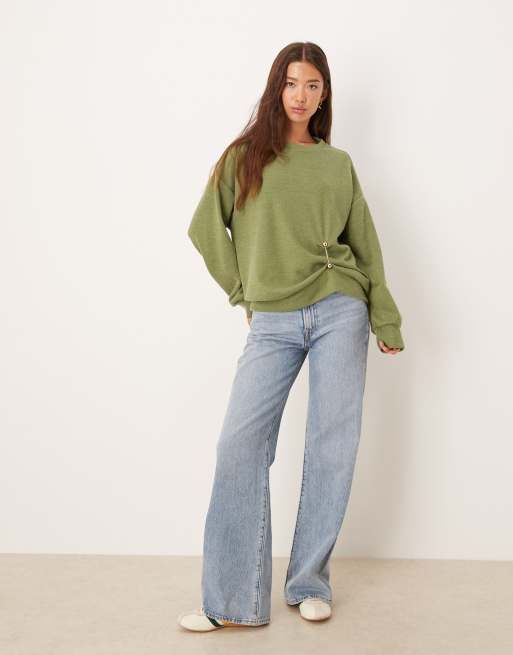 ASOS DESIGN Supersoft cinched trim detail long sleeve top in khaki green, 4 of 4