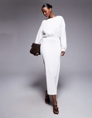 Asos Design Supersoft Cinched Waist Long Sleeve Maxi Dress In White