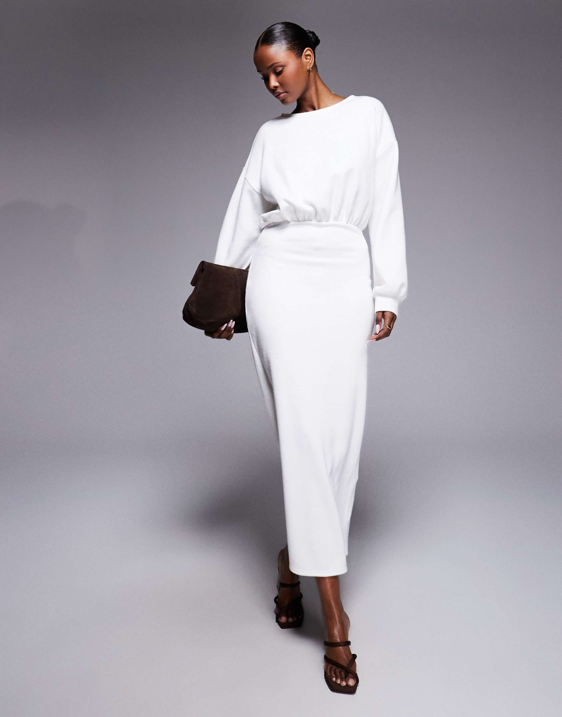 asos design supersoft cinched waist long sleeve maxi dress in cream