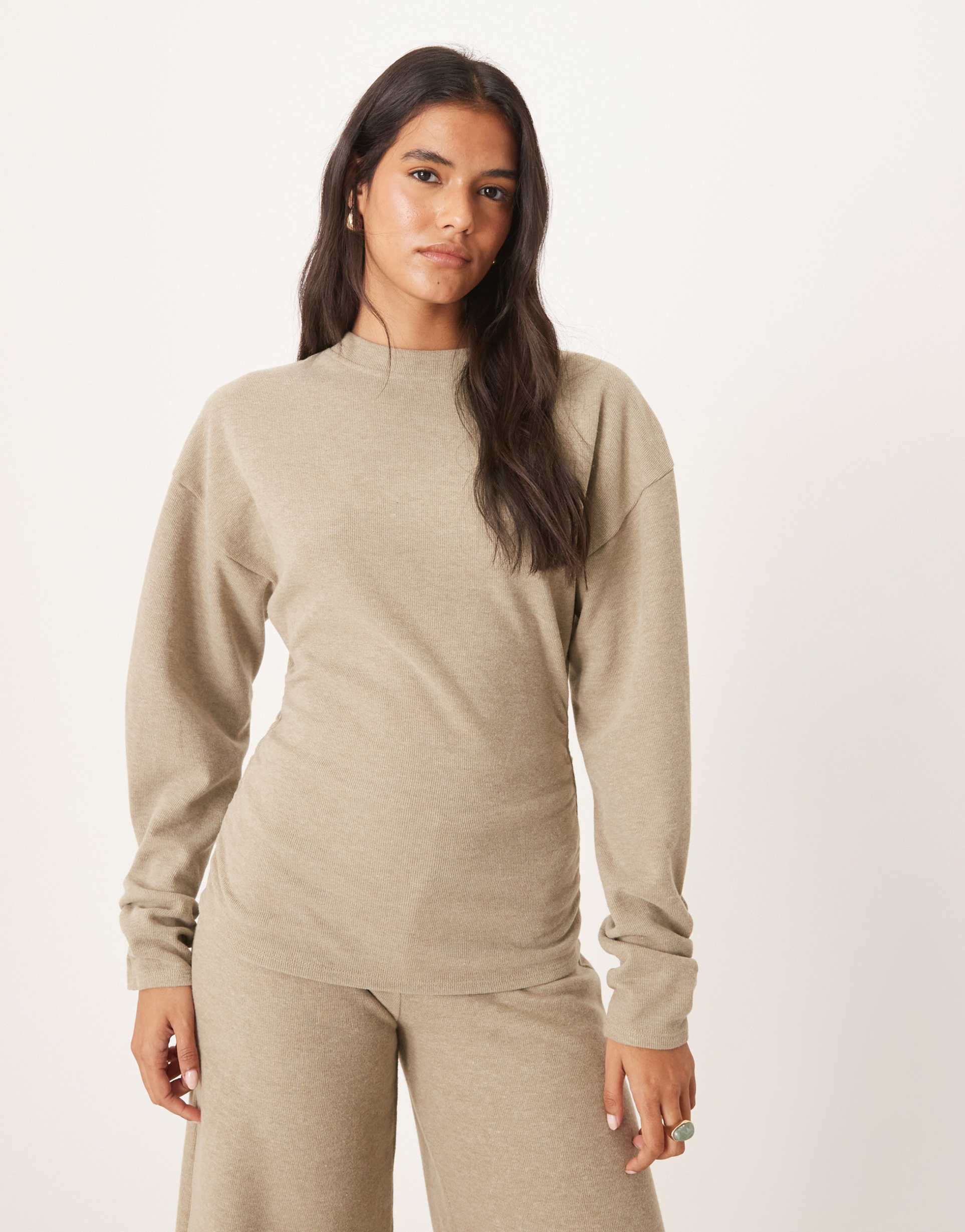 asos design supersoft cinched waist long sleeve tee in taupe heather