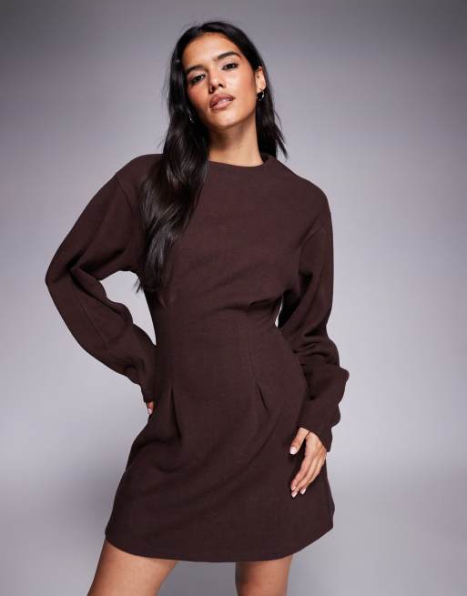 ASOS DESIGN supersoft cinched waist mini dress in brown, 2 of 4