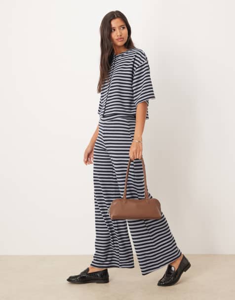 ASOS DESIGN Supersoft co-ord wide leg trousers in navy stripe - MBLUE - view 1