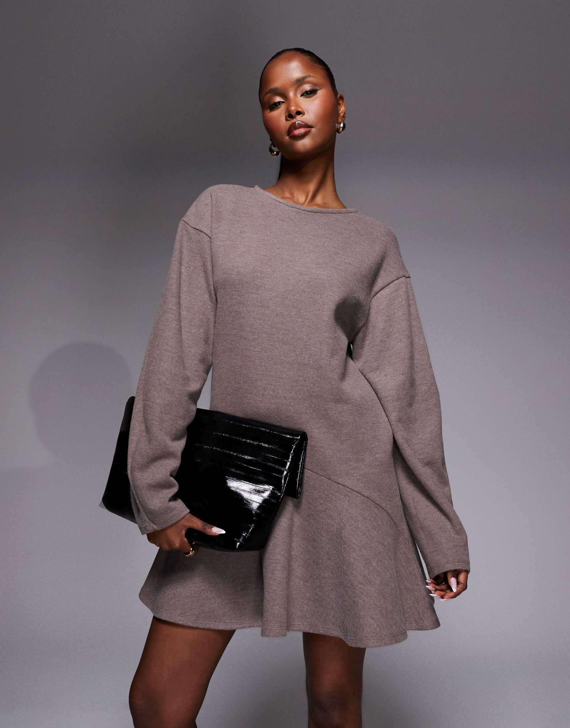 asos design supersoft cocoon long sleeve peplum mini dress in brown