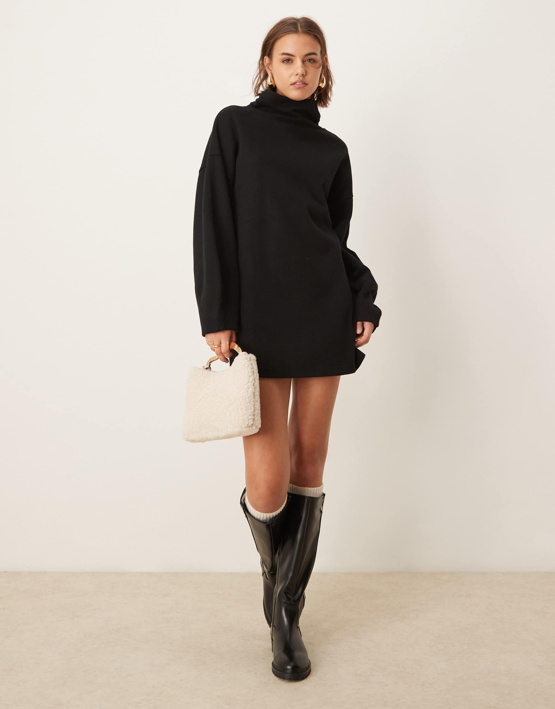 asos design supersoft cocoon sleeve funnel neck mini dress in black