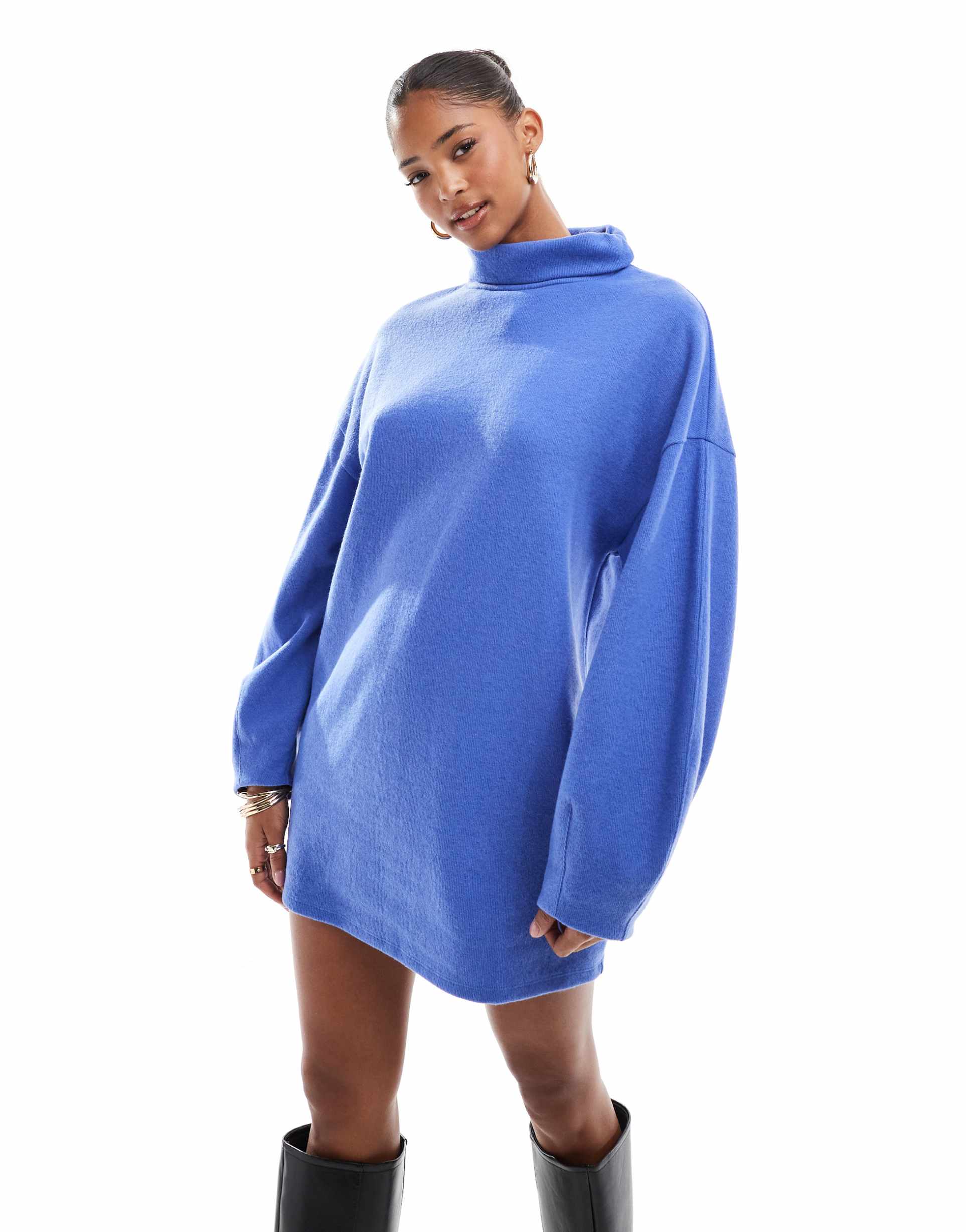 asos design supersoft cocoon sleeve funnel neck mini dress in blue