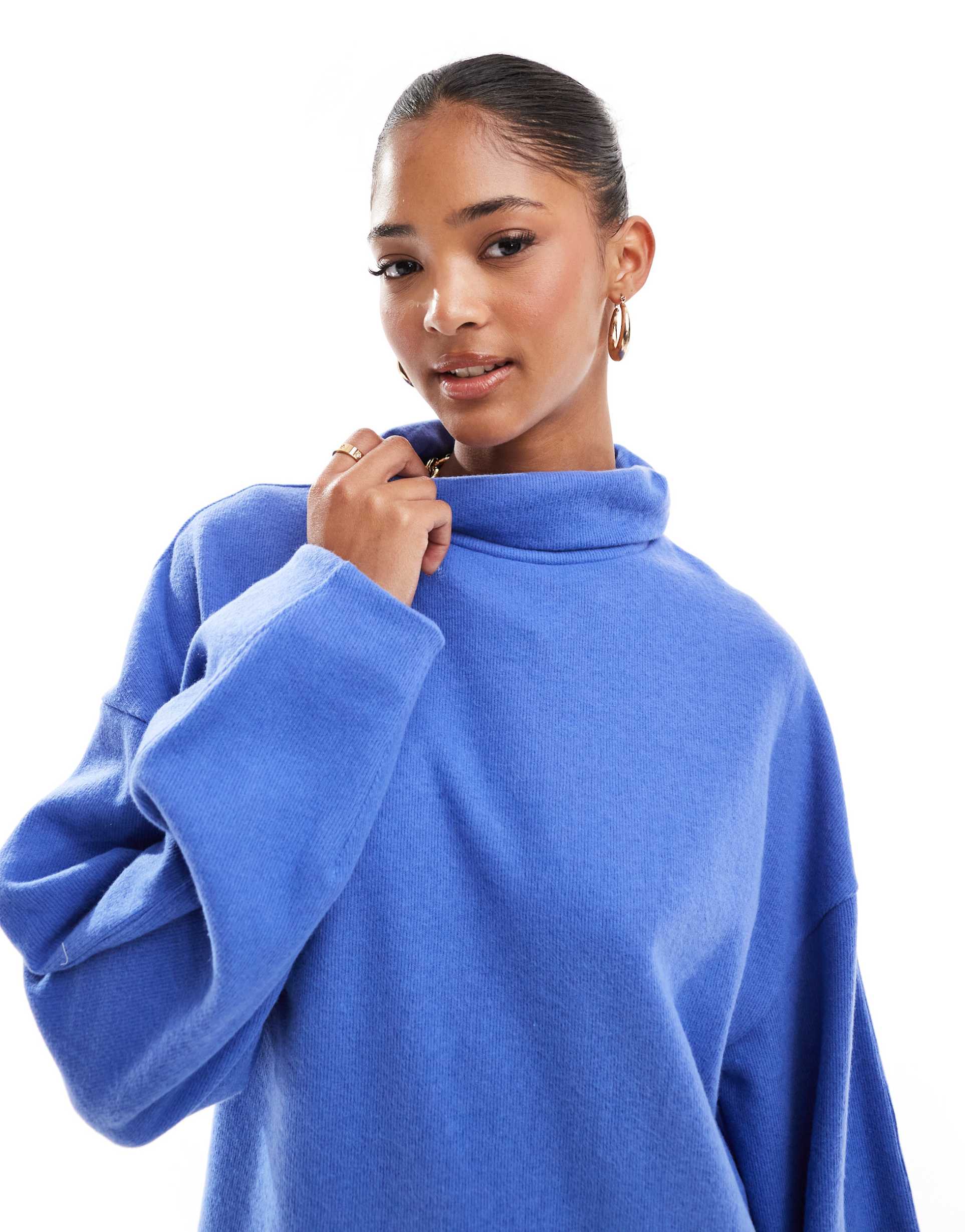asos design supersoft cocoon sleeve funnel neck mini dress in blue