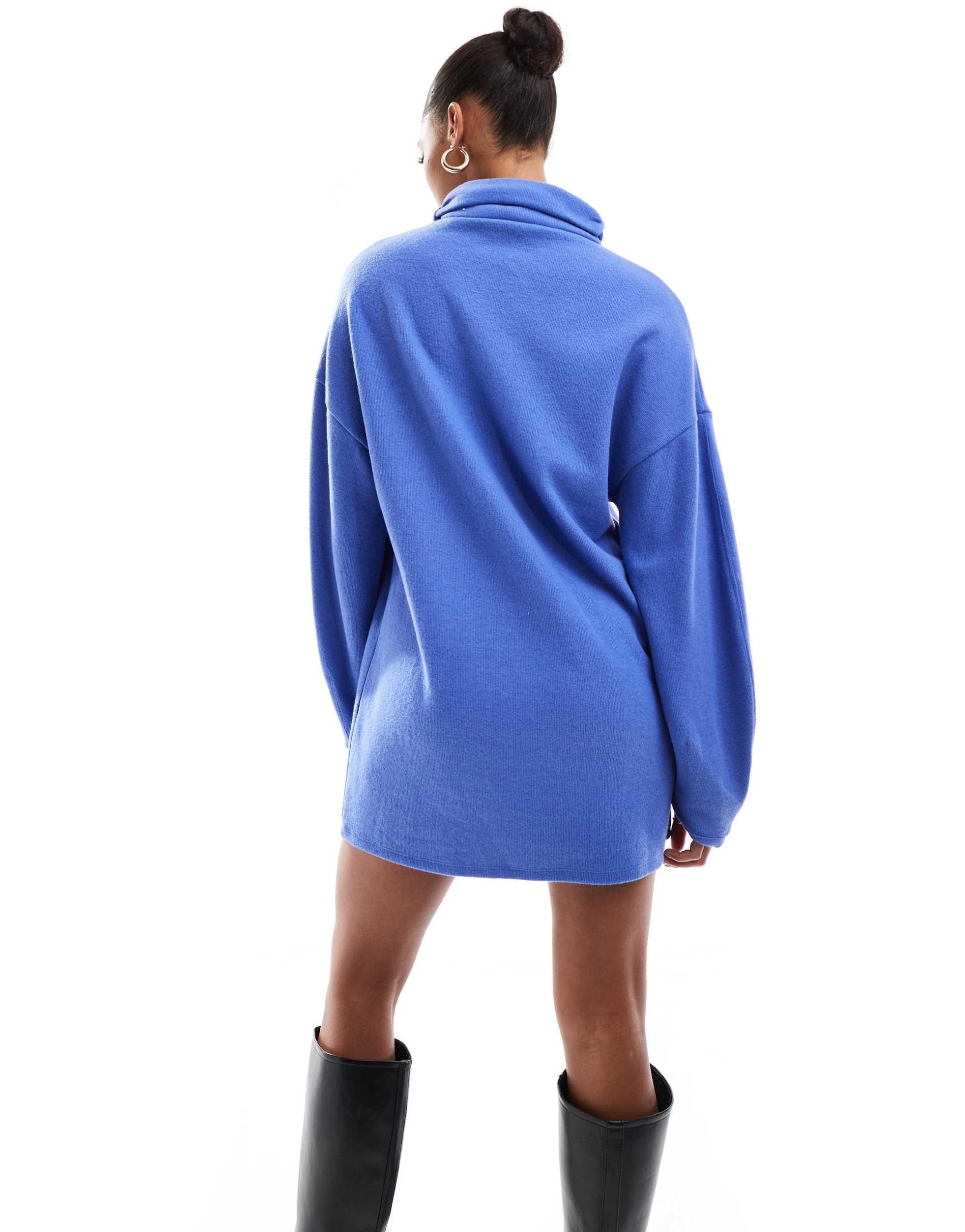 asos design supersoft cocoon sleeve funnel neck mini dress in blue